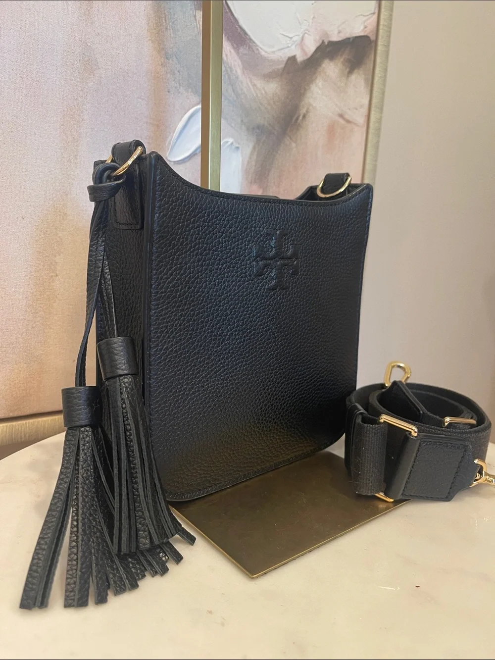 Tory Burch Black Thea Leather Crossbody with Tassels